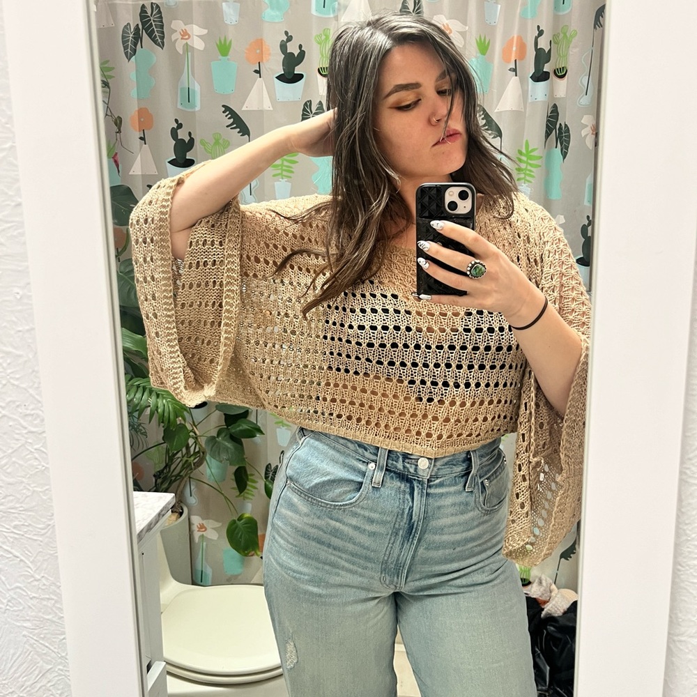 12th Tribe crochet knit cropped sweater poncho